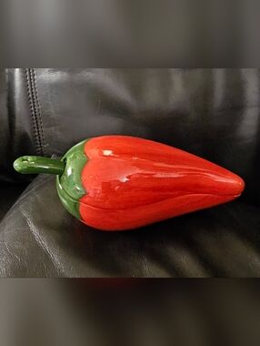 Ceramic Red Chili Pepper Sculpture Dip Salsa Bowl & Stem Spoon New Without Tags